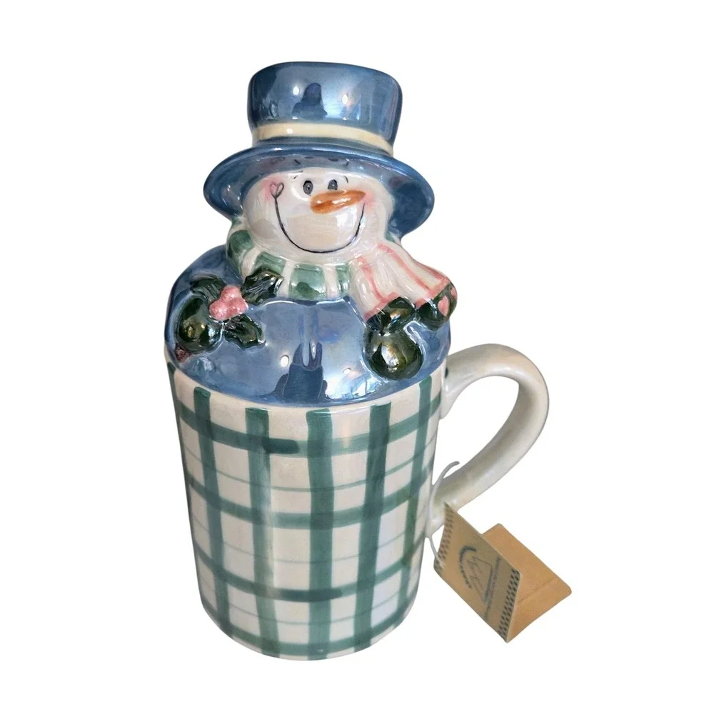 Vintage Crazy Mountain Jan Shade Plaid Pearl Ceramic Mug with Topper Snowman NIB